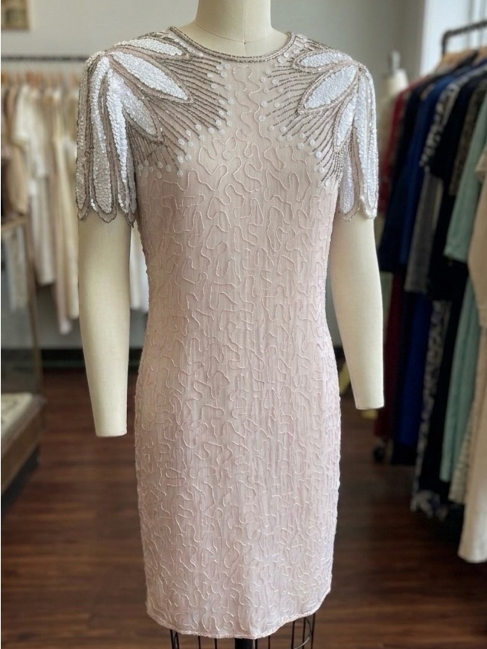 Vintage 80s Laurence Kazar Blush Pink Beaded Sequin Dress Art Deco Keyhole Back